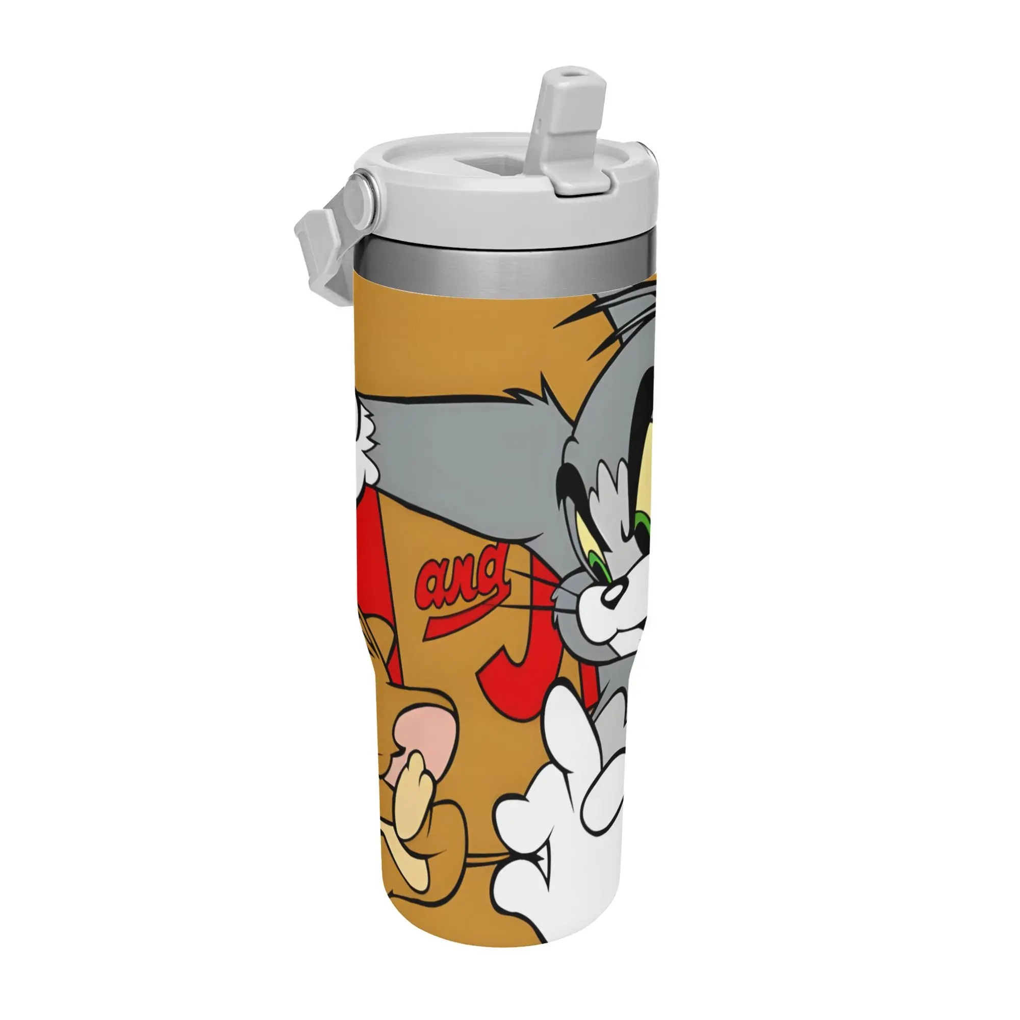【Back to School】Warner Bros.  Tom and Jerry Graffiti Letter Flip Straw Tumbler 30oz Stainless Steel Vacuum Mug, Leakproof Travel Water Cup, Warm Ochre Retro Cartoon, Classic Cartoon Fan Gift