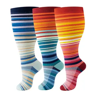 3 Pairs Plus Size Vibrant Gradient Striped Compression Socks, Fashion Casual Style for Women & Men Daily and Athletic Use