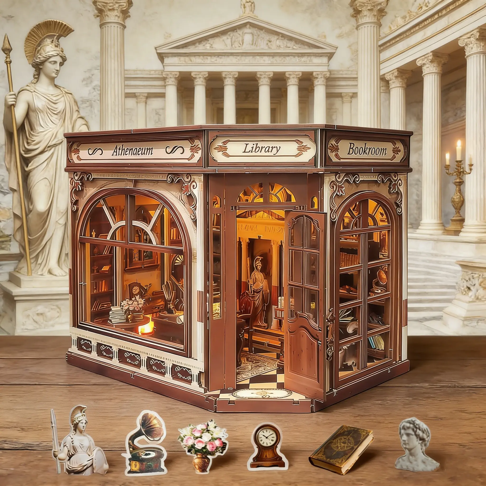 Athena Library Bookshelf DIY Kit, Classical European Miniature Library Model, Adult Craft Art Set, 3D Wooden Puzzle, Wood Puzzles, Gift for Family and Friends