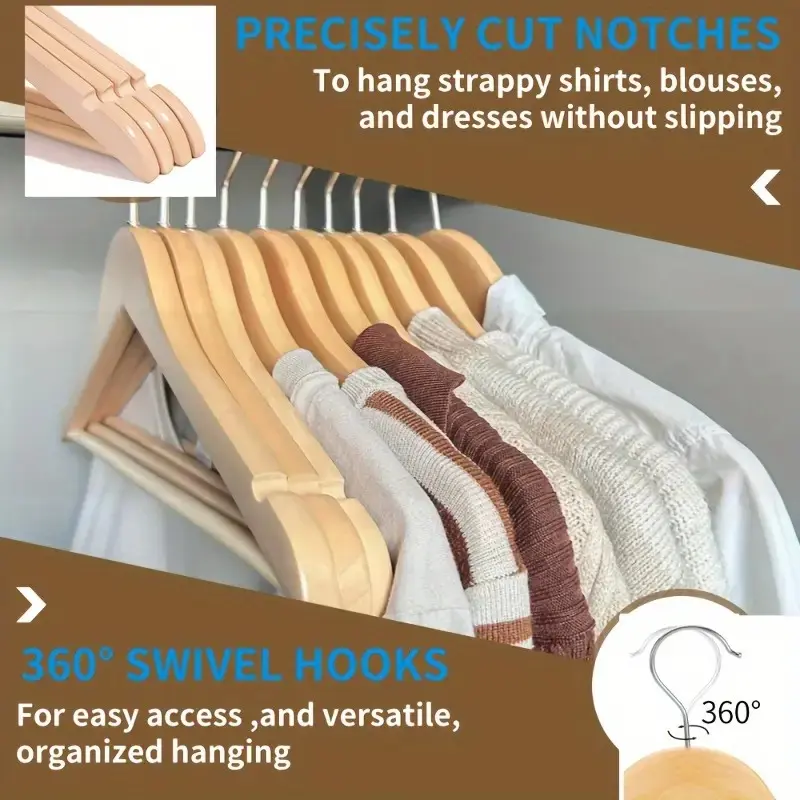 Wood Hangers, 30-Pack Non-Slip Design with Bar & Notches, Ideal for Coats, Jackets, Suits, & Pants Storage