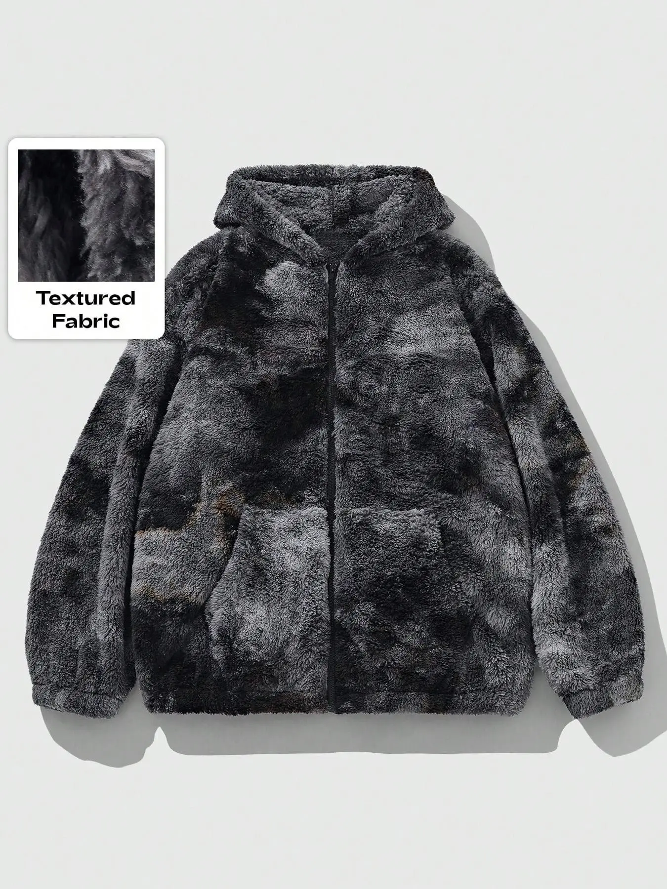 Men's Fuzzy Hooded Short Jacket, Warm Fleece Lined Puffer Coat, Y2K Tie-Dye Ombre Streetwear, Casual Loose Full Zip Thermal Winter Outerwear, Zipper Hooded Jacket, Loose Fashion Jacket, Menswear