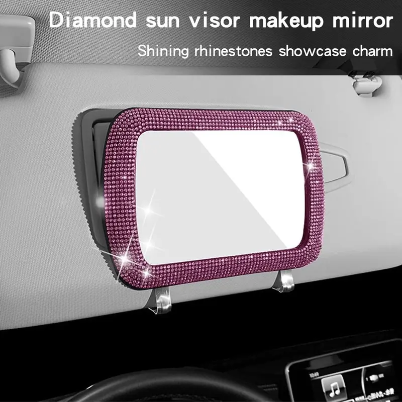 Luxury Car Sunshade Makeup Mirror, Universal Interior Accessory, Clip-On No-Drill Vanity Mirror, Rearview Mirror Decorative Item with Rhinestones