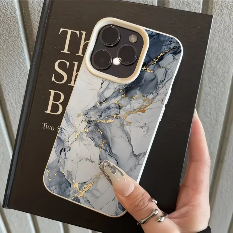 Phone Case - 1pc Ink Golden Vein Marble Trendy Brand Pattern Lychee Texture Phone Case Full-Cover TPU Suitable for Iphone 17 16 15 14 13 12 11 Pro Max X XS XR 8 7 Plus