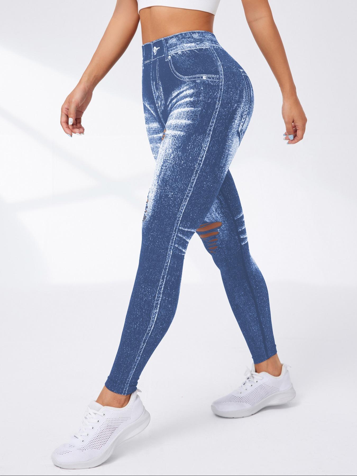 Women's Denim-Effect Print High Waist Sports Stretchy Leggings, Casual Comfy Cut Out Skinny Pants for Yoga Gym Workout Running, Ladies Sportswear Bottoms for All Seasons