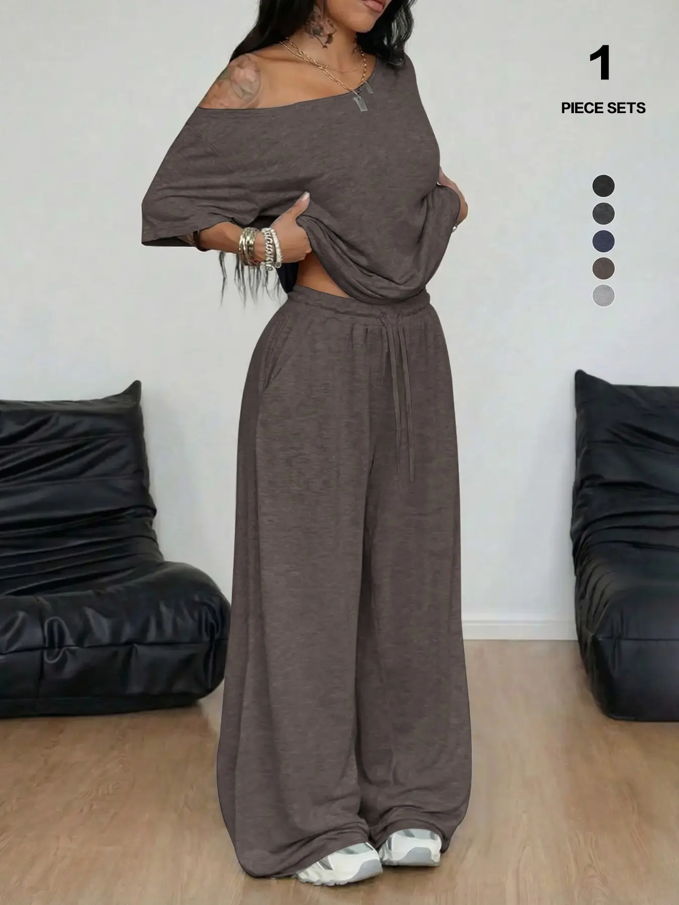 Women's 2-Piece Casual Lounge Set, Off-Shoulder Oversized Short Top & Wide-Leg Pants, Soft Comfortable Drawstring Loungewear for All Seasons
