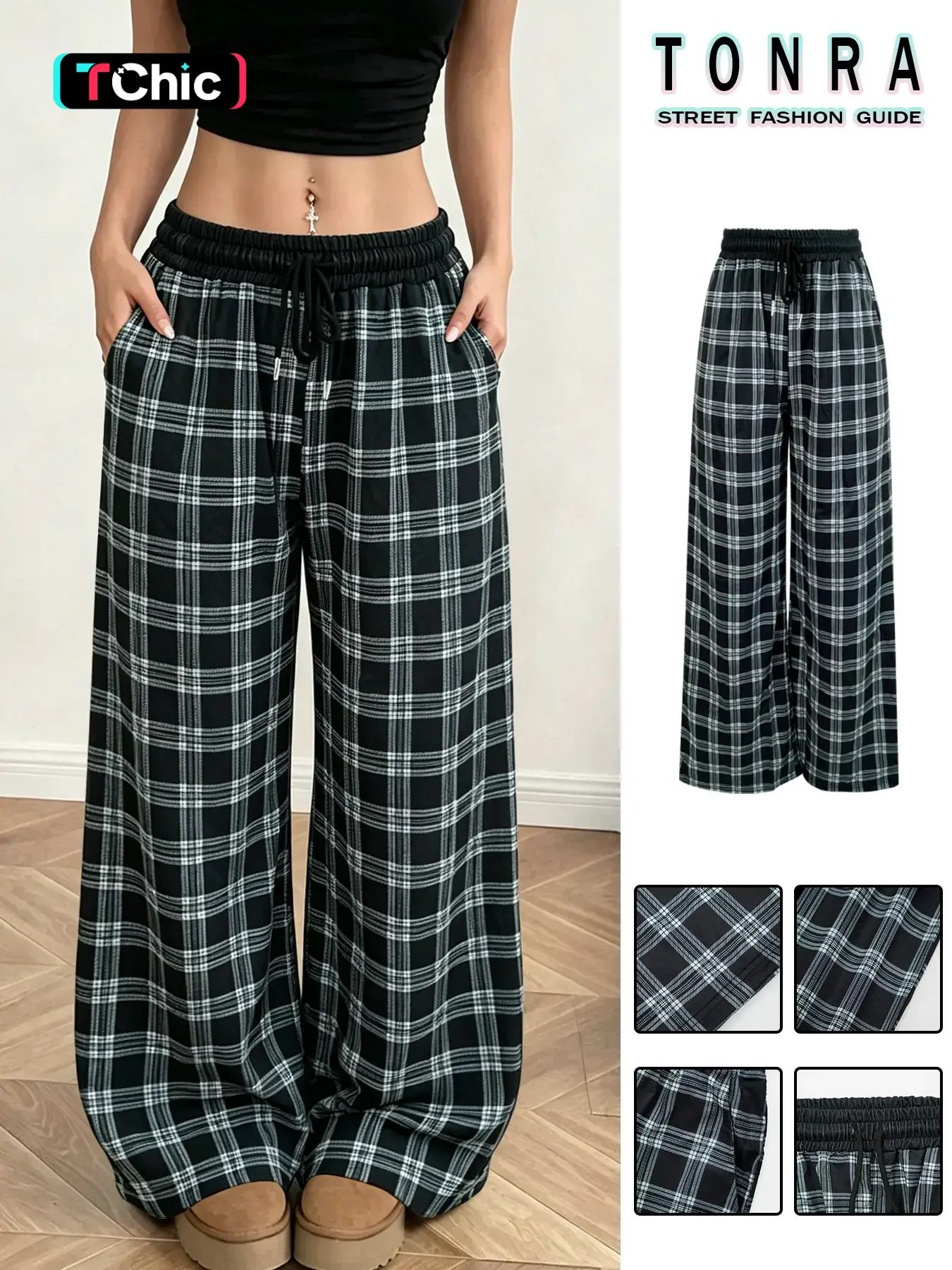 2026 Fall European Style Loose-Fit Pants, Vintage Plaid Drop Waist Wide Leg, Elastic Waist Straight Leg Casual Trousers for Spring & Fall