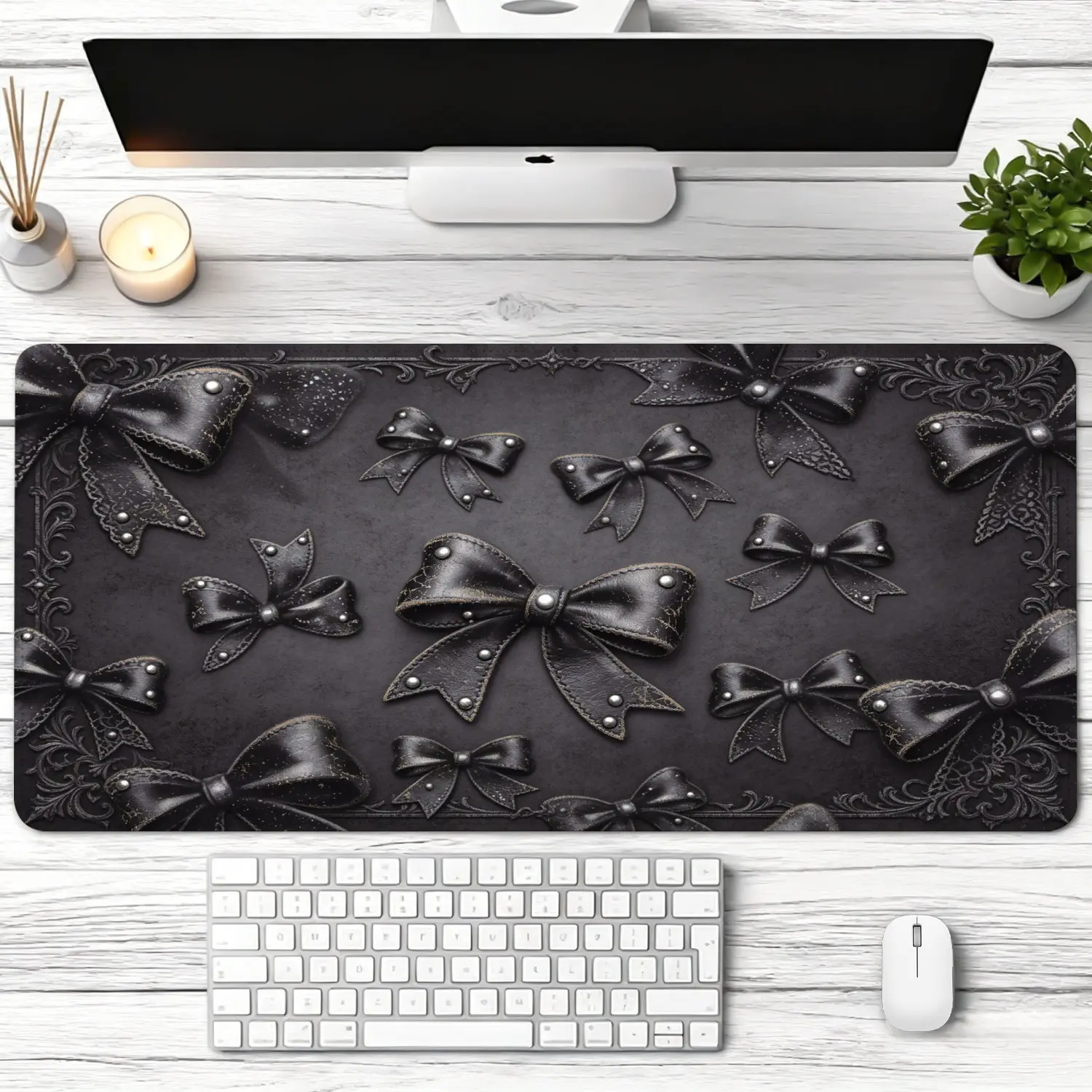 Extra Large elegant vintage black leather bow pattern Mouse Pad,Non Slip Rubber Pad,Desktop Decoration Drotection Pad,Washable,Lock Edge Multi Size,Premium Multipurpose Mousepad For Home,Office,Gift for Family and Friends