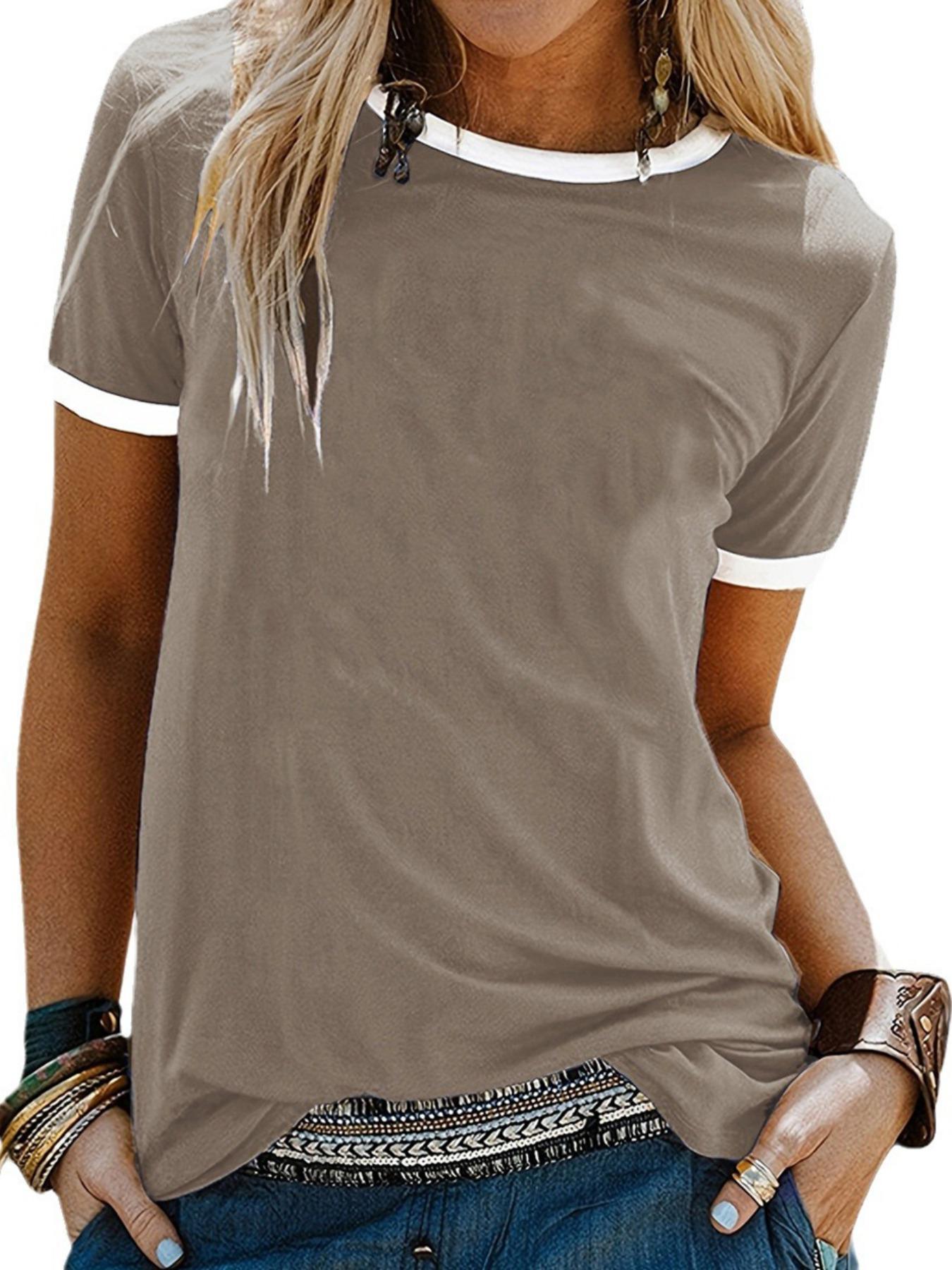 Women's Contrast Trim Crew Neck Tee, Casual Short Sleeve T-shirt for Summer, Ladies Clothes for Daily Wear, Summer Tops