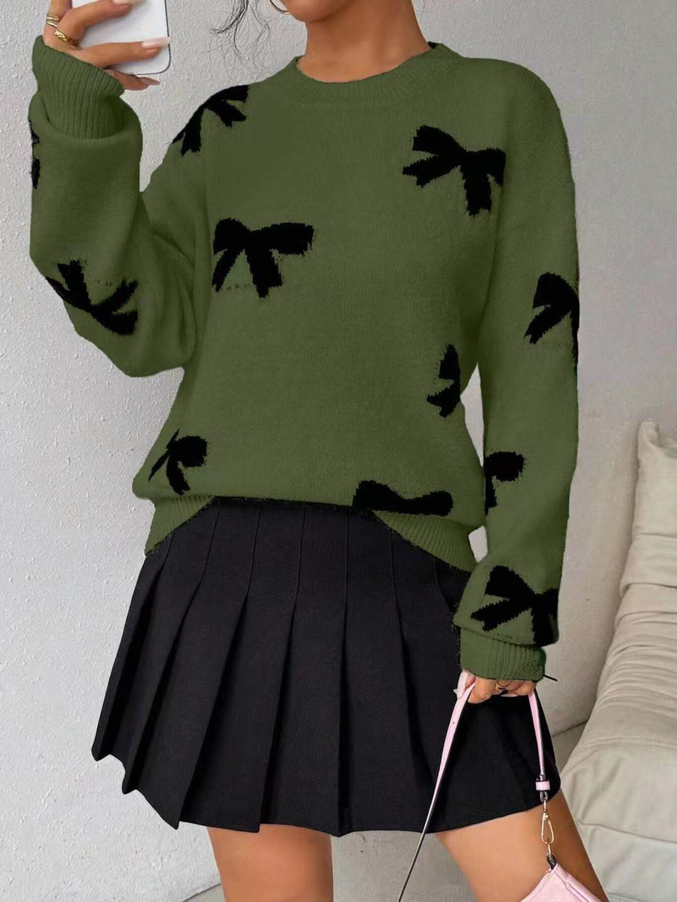 Women's Fashion Bow Print Casual Loose Knit Sweater, New Long Sleeve Pullover for Autumn and Winter, Knitwear, Tops