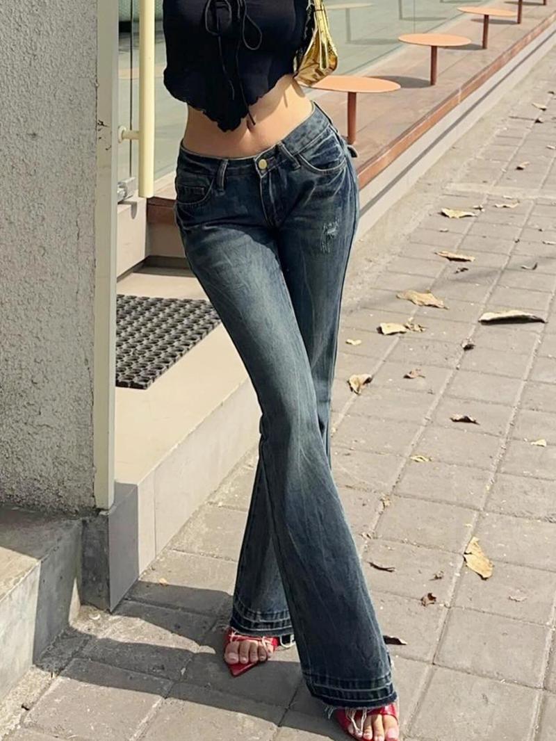 Women's Embroidered Button Pocket Flare Pants, Elegant Daily Wear, Fashionable All-Season Bottoms, Slim-Fitting Y2K Style