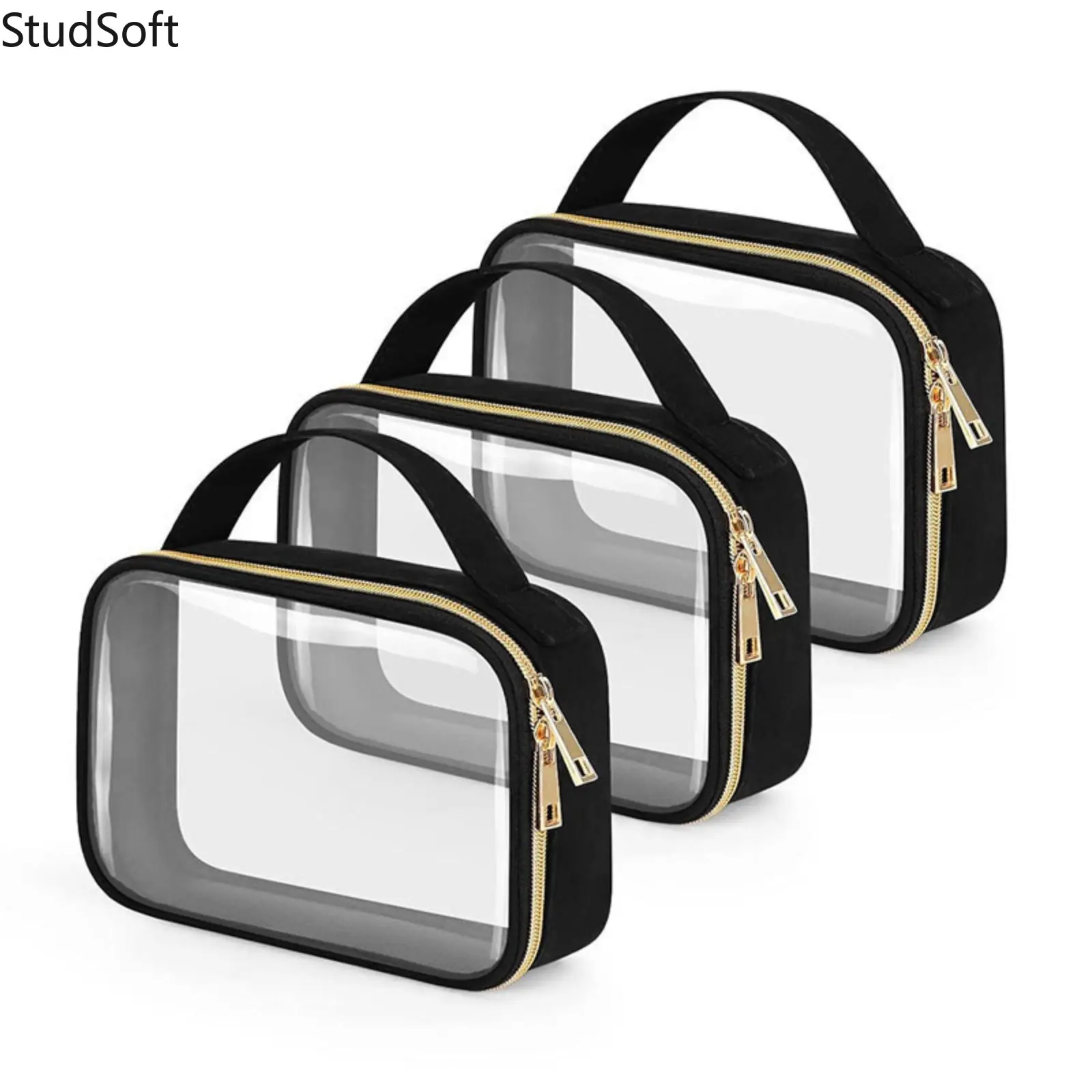 Women's Clear Makeup Bag Set 3 Pack Large Waterproof Toiletry Organizer Handbag for Summer Beach Gym Swim Stadium Security Daily Travel Black