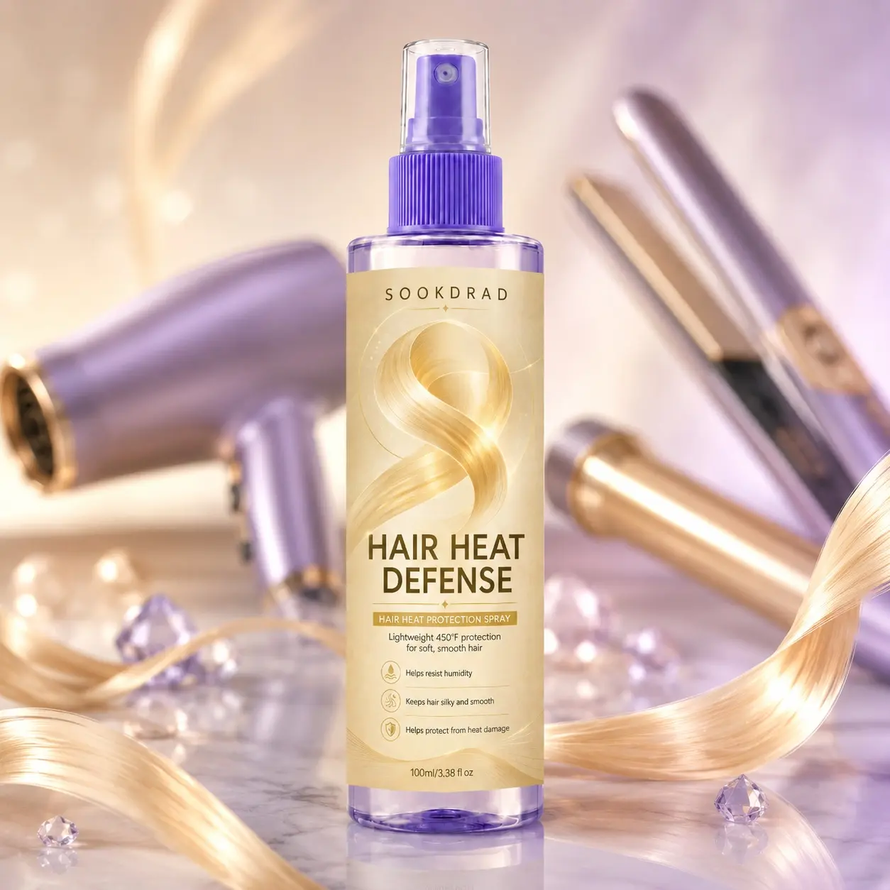 Hair Heat Protection Spray, lightweight, 450°F heat protection, humidity resistant, silky smooth hair, heat damage protection, for hair, daily hair styling, 100ml/3.38 fl oz
