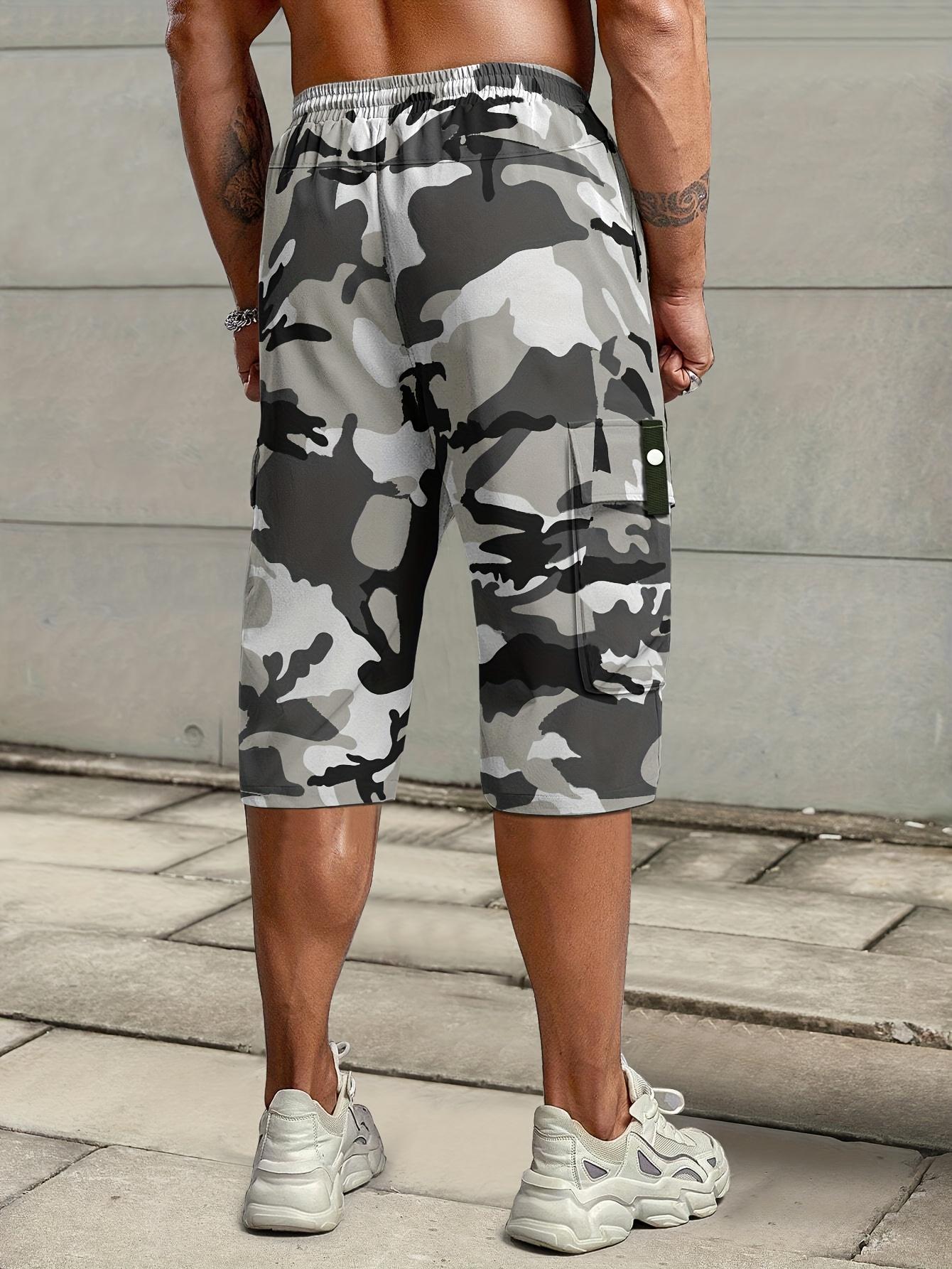 Men's Summer Camouflage Cargo Shorts - Elastic Drawstring Waist & Multiple Pockets, Durable Non-Stretch Regular Fit for Casual/Outdoor Wear