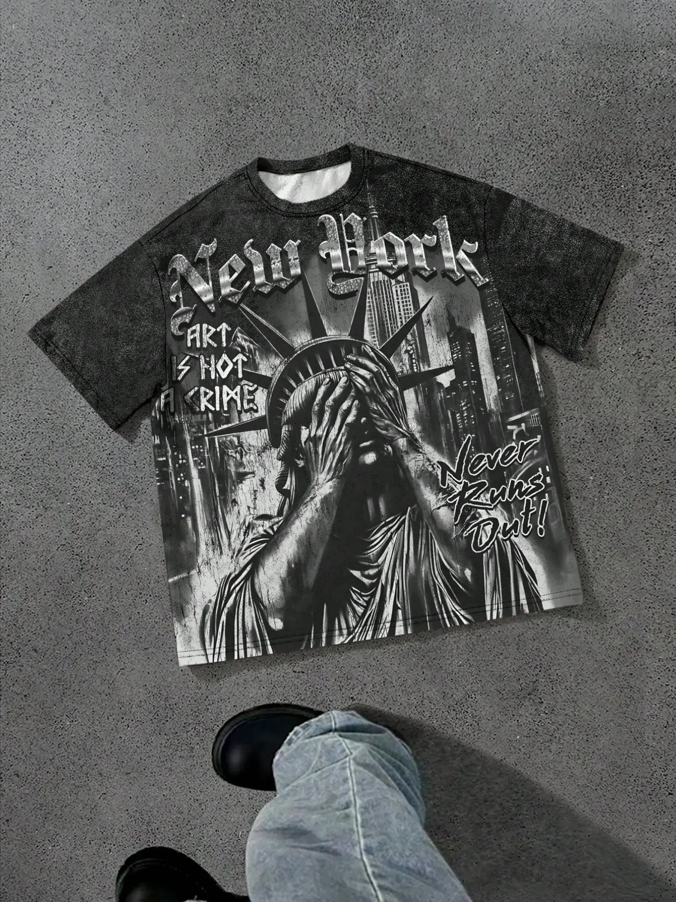 American La Street Glow Tee, Los Angeles Trendy Icon, Ink Flame Rhinestone Print Baggy T-Shirt, Starlight Effect, Essential Streetwear
