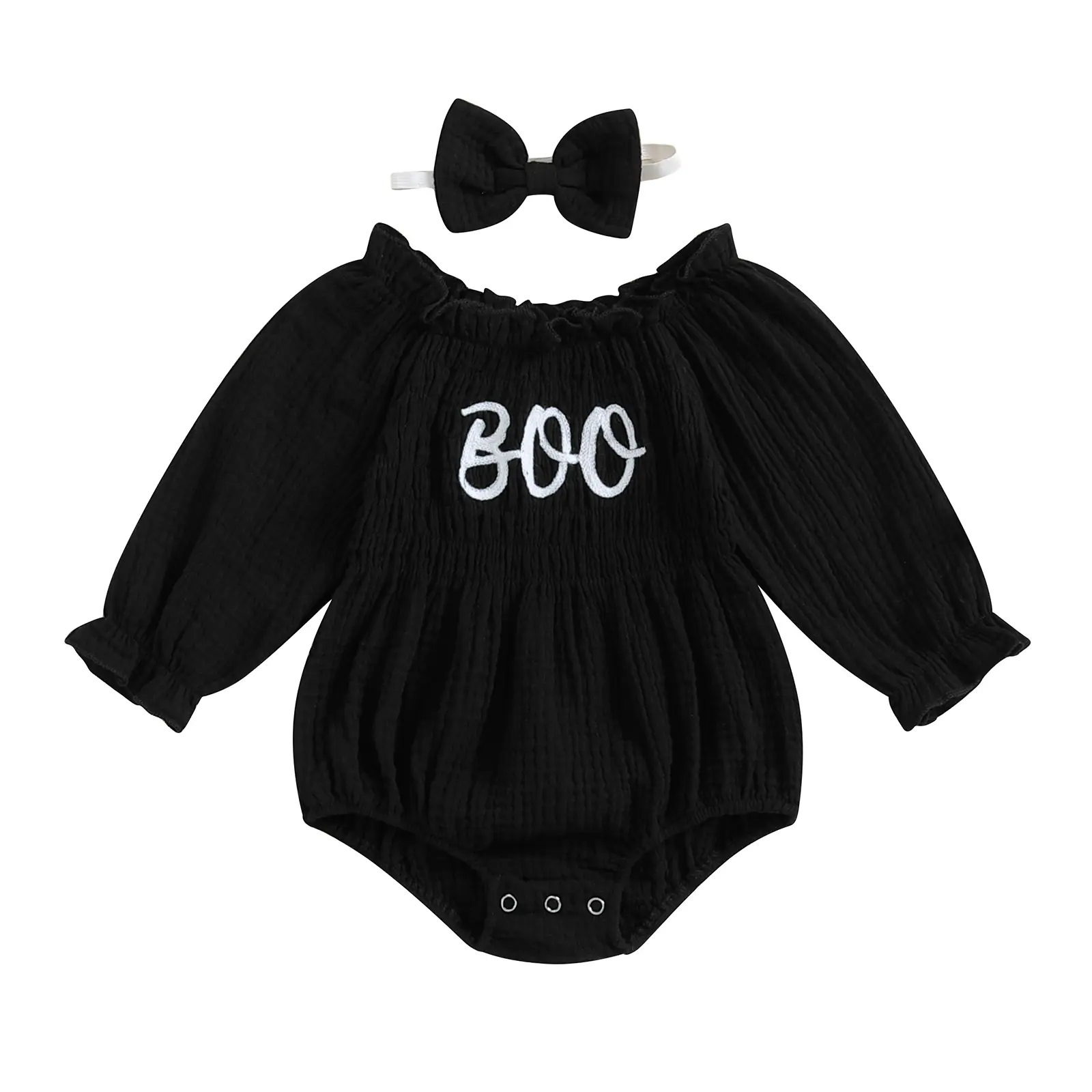 Canrulo Newborn Baby Girl Halloween Outfit Long Sleeve Smocked Bubble Romper Pleated Bodysuit Jumpsuit with Headband