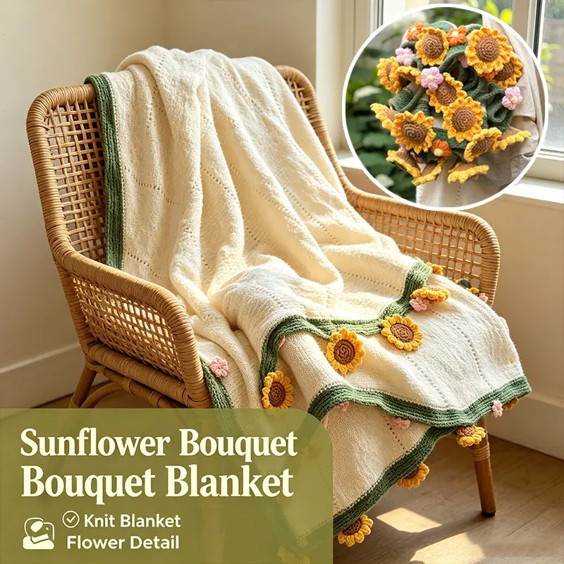Sweet Sunflower Floral Edge Knitted Blanket, Foldable Bouquet Shaped Round Hand Crochet Throw, Lightweight Decor Knit Cover for All Season Bedroom, Sofa & Outdoor Leisure Activities