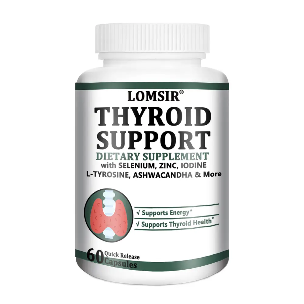 LOMSIR Unisex Thyroid Support Healthcare Dietary Supplement - 300mcg Selenium, 500mcg Iodine, 500mg L-Tyrosine, Botanical Extracts (Ashwagandha, Bladderwrack, Turmeric, Kelp, Schisandra), Vitamins, Minerals (Zinc, Magnesium), Prop 65 Safe, 60 Capsules