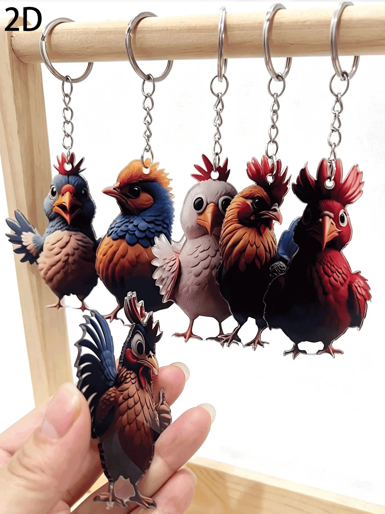 6pcs Multifunctional Student Keychains, Cute Flat 2D Rooster Pendant, Chicken Keychain Decor, Backpack Style, Random Design