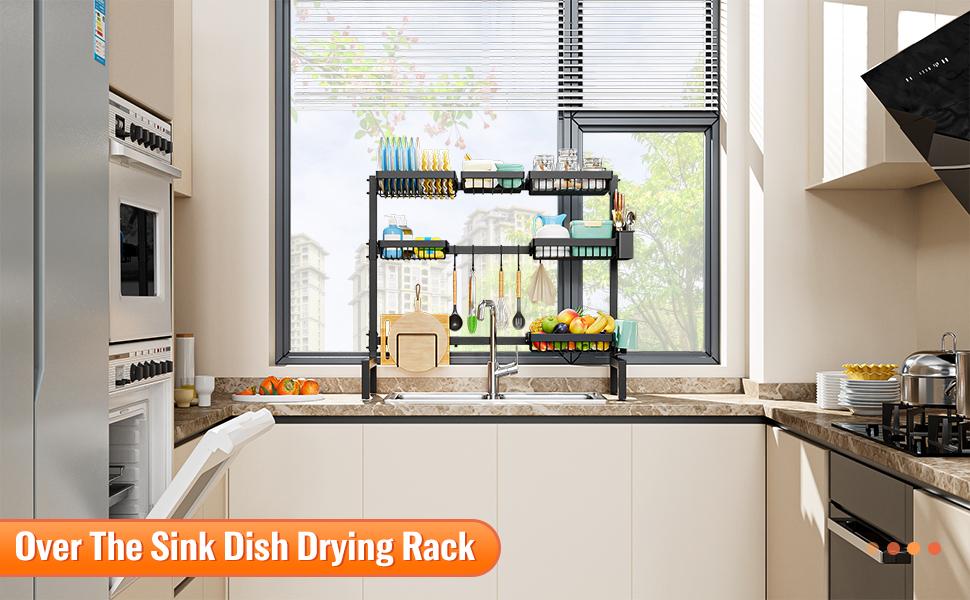 3 Tiers 6 Baskets Over The Sink Dish Drying Rack Extendable (24.8 "-35.4"), Large Dish Drying Rack, Kitchen Cutlery Drainer Metal Storage Counter Rack