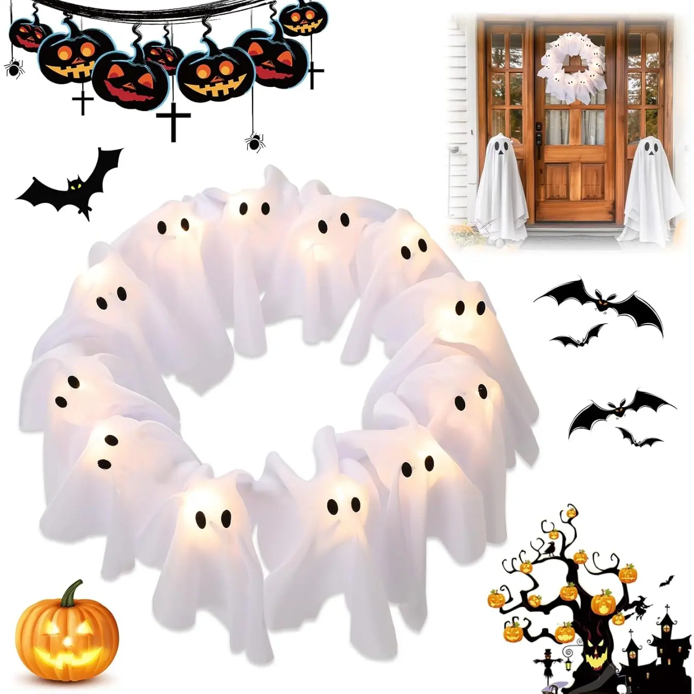 Halloween White Light-Up Ghost Wreath, Halloween Front Door Wreath, LED Light-Up White Ghost Wreath, Spooky Indoor & Outdoor Front Door, Wall, Party Hanging Decoration