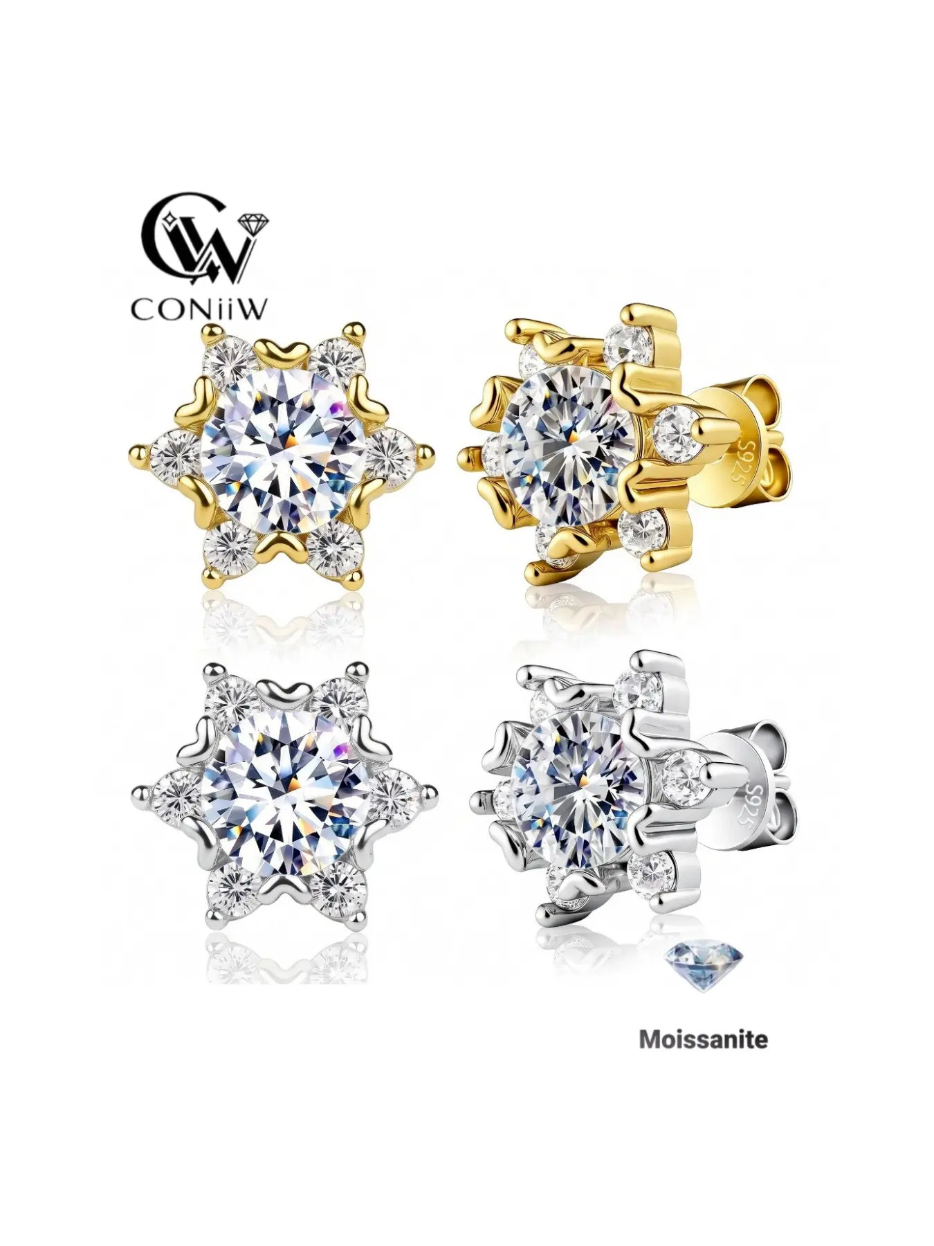 0.5-1 Carat Moissanite Snowflake Earrings, Ear Studs, S925 Silver Jewelry, Fashion Gift for Men & Women, Birthday, Valentine's Day, Mother's Day