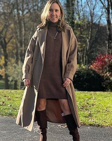 Women's Long Coat Notched Lapel Collar Double Breasted Pea Coat Winter Elegant Wool Blend Over Coats Jackets