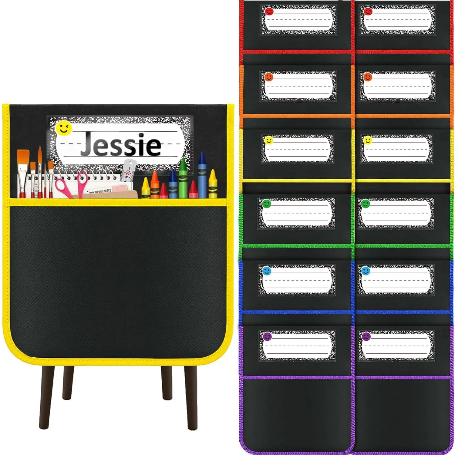 24 Pack Chair Pockets for Classroom , 17 x 19 Inch Seat Sacks with Name Tags, Heavy Duty Oxford Fabric Student Chair Back Storage Organizers, Back to School Teacher Supplies, Black
