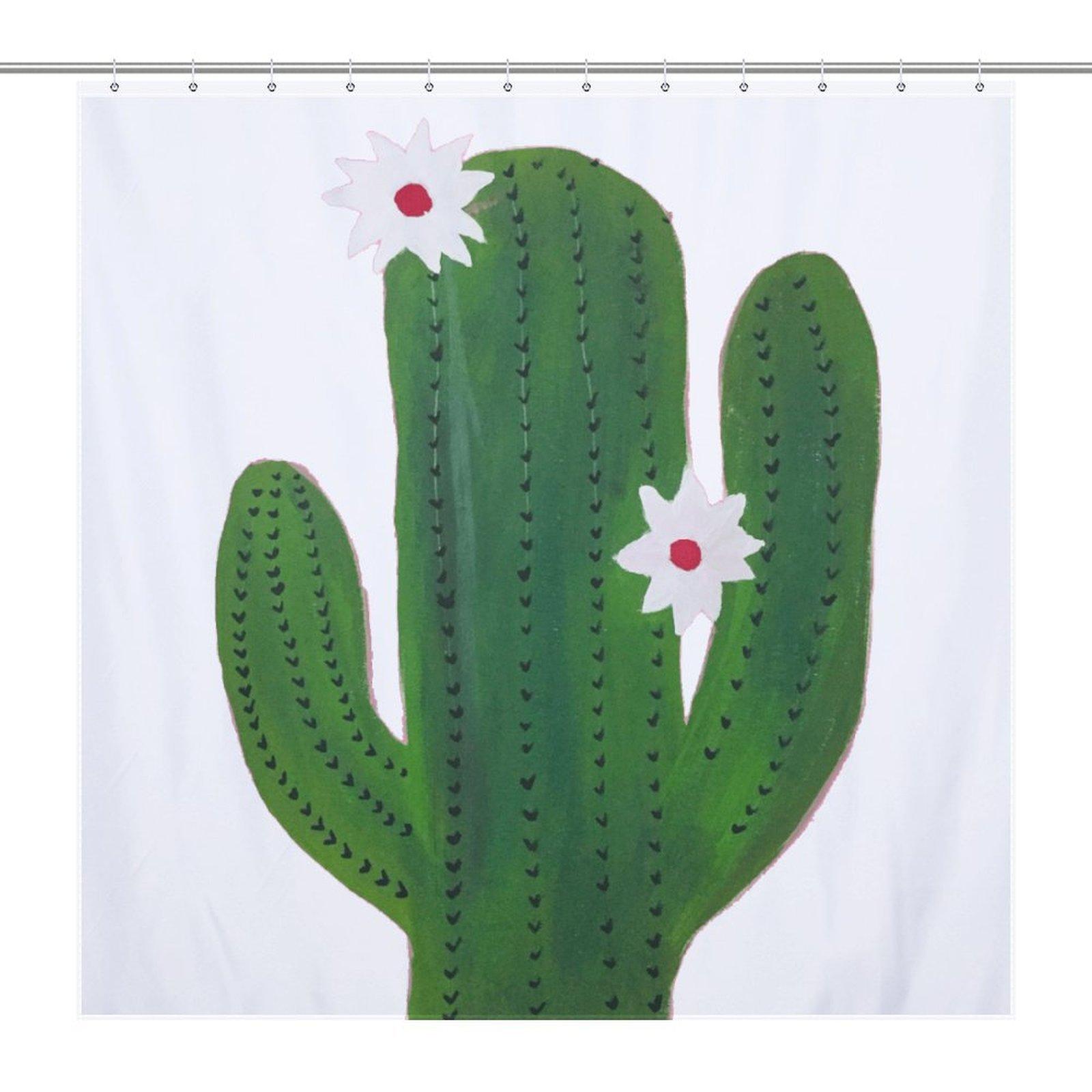 Cactus Flower Shower Curtain, Minimalist Green Cacti Waterproof Bath Curtain, Boho Desert Aesthetic Bathroom Decor, Cute Cactus Bath Accessory with Hooks