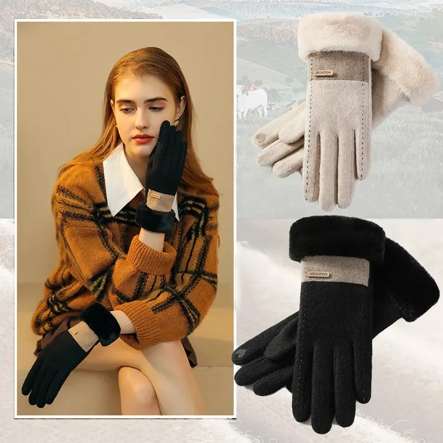 Women's Thick Fleece Lined Touch Screen Gloves, Wind Resistant Plush Cuff Thermal Mittens, Ideal for Winter Outdoor Activities