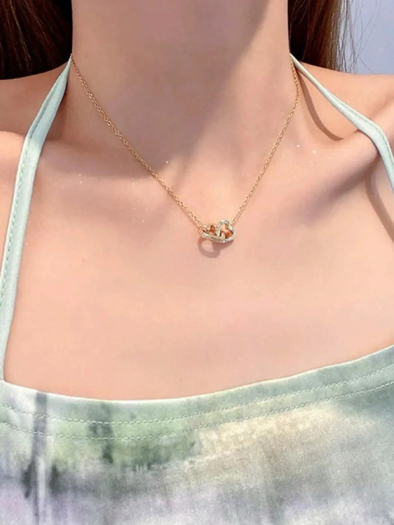 woman's for necklace interlocking double heart zircon pendant gold thin necklace, dainty romantic love two heart choker, 14k gold plated hypoallergenic layering jewelry for women