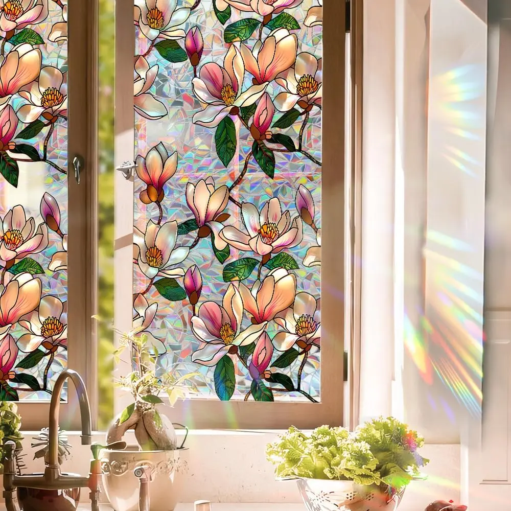 Sunroof Stained Glass Window Film, Rainbow Magnolia Static Window Clings, No Adhesive Sun Heat Blocking  Window Film  for  Office Living Room  Sunroof Stickers 16.9 x 39.37 Inch