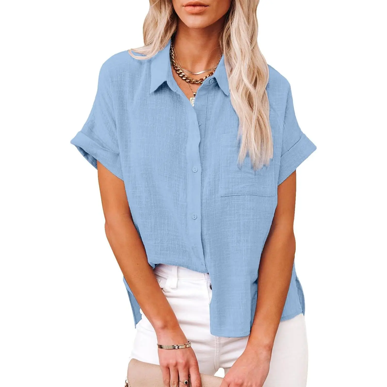 Women's Comfy Breathable Casual Cotton-Linen Short-Sleeve Button-Down Solid Shirts with Pocket, Simple Basic Summer Beach Blouses Tops, Shortsleeve