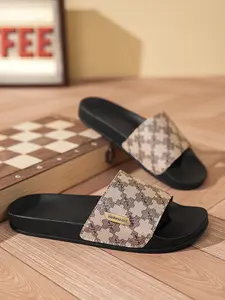 Men’s Luxury Monogram Print Slide Sandals, Non Slip Soft Pebbled Sole Open Toe Casual Slippers, Fashion Logo Plaque Slip On Slides for Indoor Shower Beach Daily Outdoor Walkin