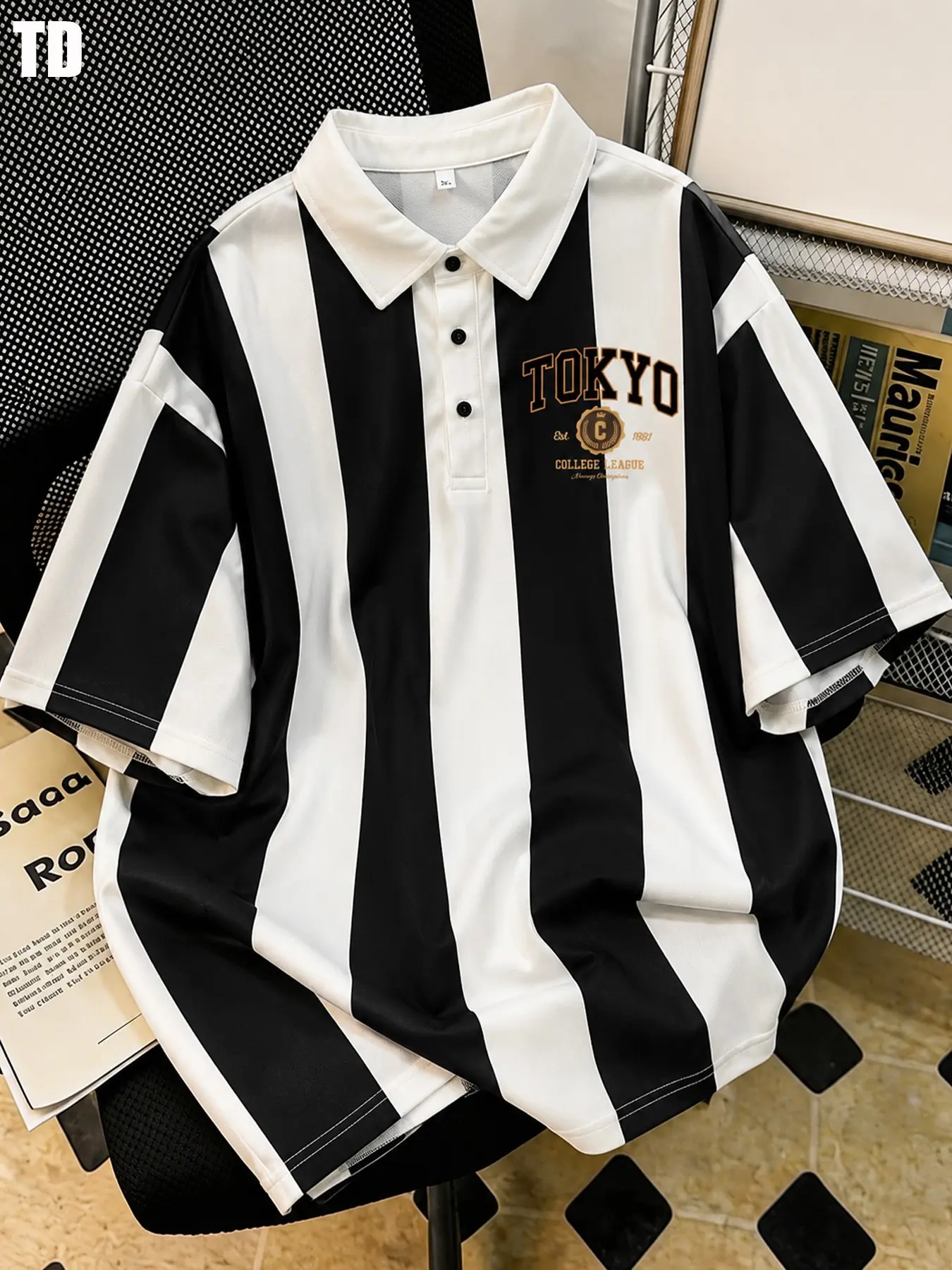 TD Summer New Classic Striped Collar Polo Shirt, Tokyo Letter Print, Trendy Casual Short Sleeve Top, Fashionable Men's Clothing