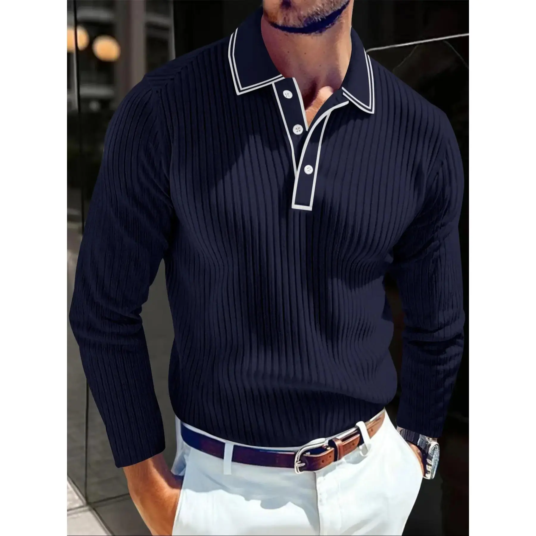 Men's Long Sleeve Polo Shirt, Buttoned Polo Shirt, Jacquard Fabric Collared Top, Business Casual Wear, Regular Fit, Fitted Polo, Suitable for Work & Formal Occasions, Classic, Menswear, Plain Textured Polo Shirt