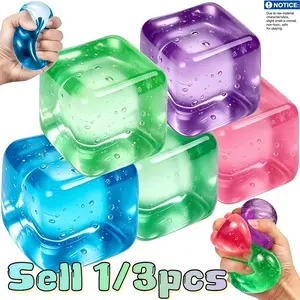 Ice Cube Squishy Stress Balls - Squeeze Stress Ball Fidget Toys for Adults & Kids, Square Shape with Blue Fill, 3pcs Set for Relaxation