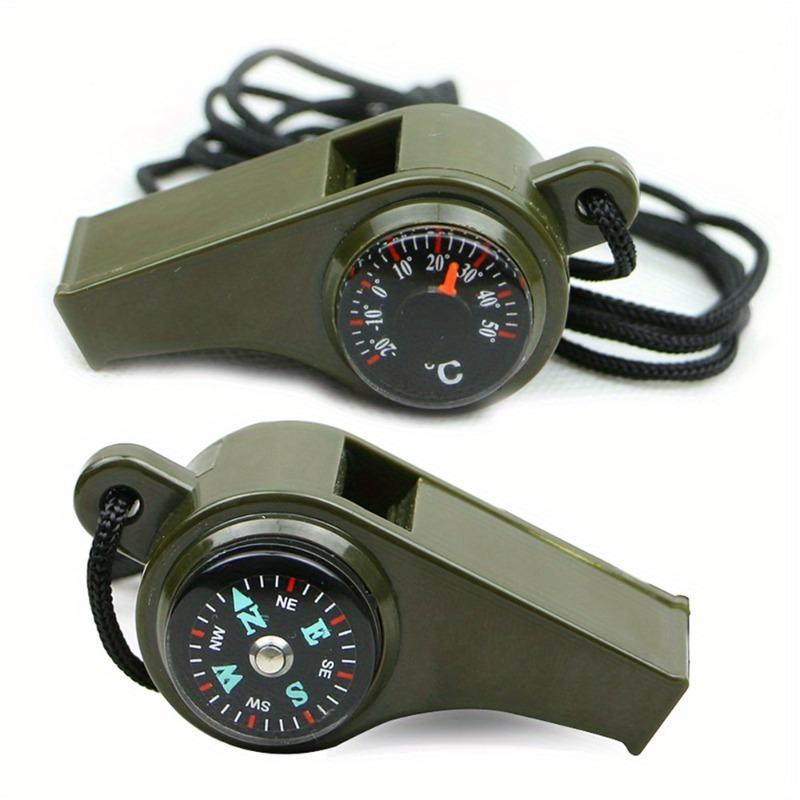 Single olive green three-in-one emergency survival post with compass, thermometer and lanyard - made of durable PP material, ideal for camping, hiking and outdoor activities, camping gear