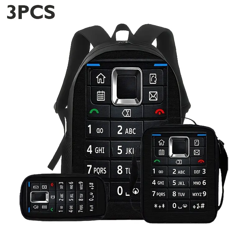 Unisex Retro Phone Keypad All-Over Print 3pcs Funny Bags Set - Oxford Fabric, Zipper Closure, Multi-Pocket, Adjustable Shoulder Strap, Large Capacity Backpack, Crossbody Bag, Mini Accessory Pouch, for Birthday, Casual Daily Outings