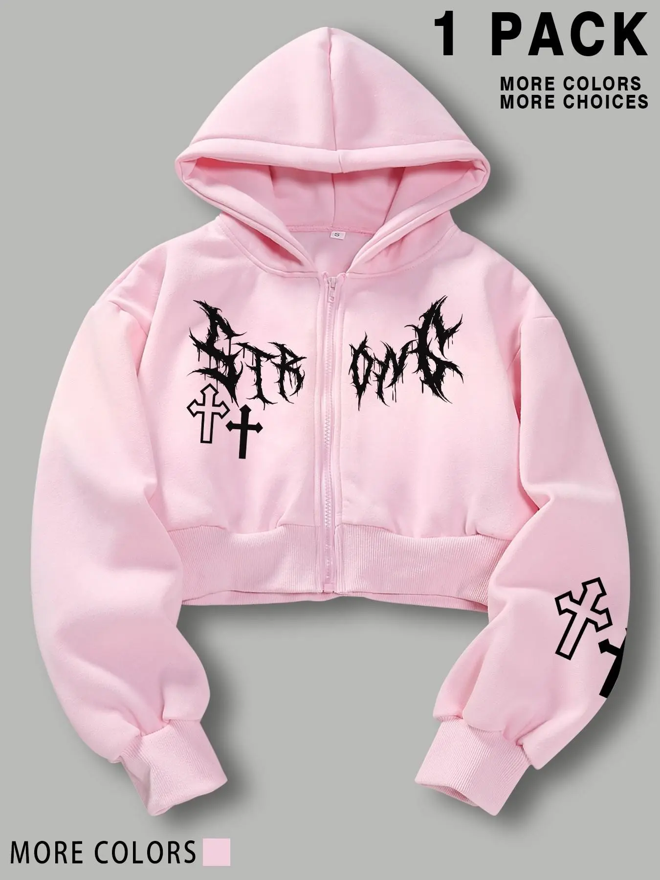 TikTok Viral Women Gothic Cross Print Zip Up Cropped Hoodie, Y2K Grunge Oversized Long Sleeve Hooded Jacket, Dark Punk Graphic Short Sweatshirt, Casual Street Campus Party Outfit, Multi Color Soft Crop Tops For Teen Girls 2026 Hot Fashion