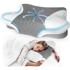 Queen Size Cervical Pillow for Neck Pain,Cooling Butterfly Pillow for Side Sleepers – Orthopedic Memory Foam Pillow with Breathable Pillowcase,Dark Gray