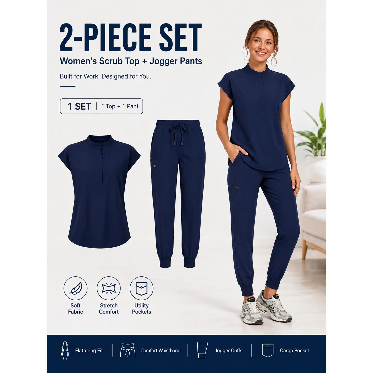 Women's 2 Piece Scrub Set, Slim Fit Cap Sleeve Top with Mandarin Collar & 4-Way Stretch Fabric Jogger Pants with Ribbed Cuffs and Zipper Pockets