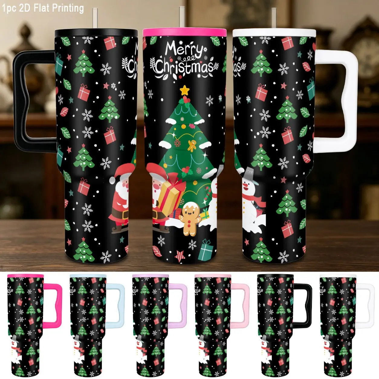 40oz Stainless Steel Ice Cup, Cute Christmas Santa Snowman Print, Ergonomic Handle, Leak-Proof Lid, Portable Water Cup for Outdoor Hiking