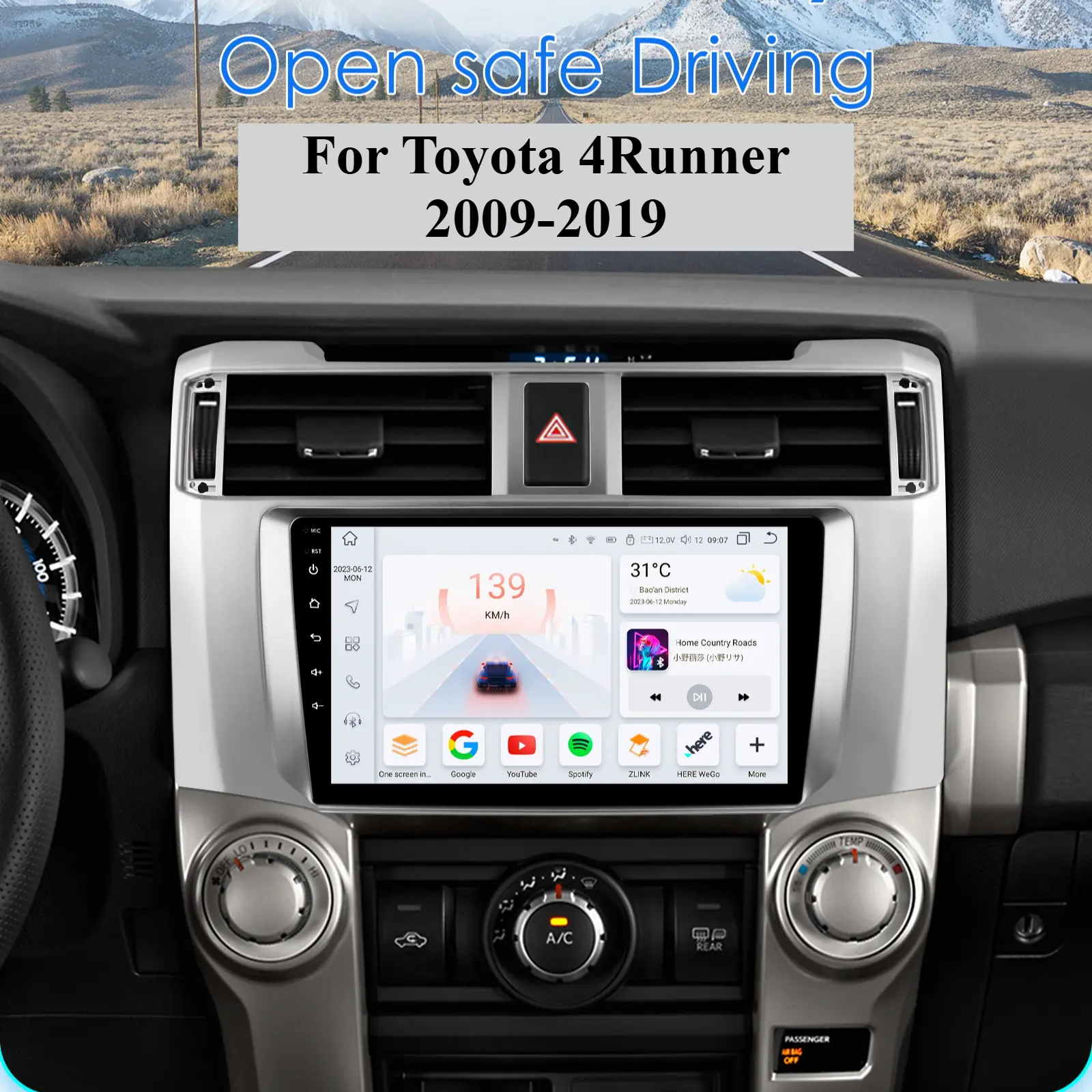 9-in 2-DIN Car Multimedia Video Player for Toyota 4Runner 2009-2019, with CarPlay Support, GPS Navigation, 4G, WiFi, RDS, In-Car Audio Autoradio