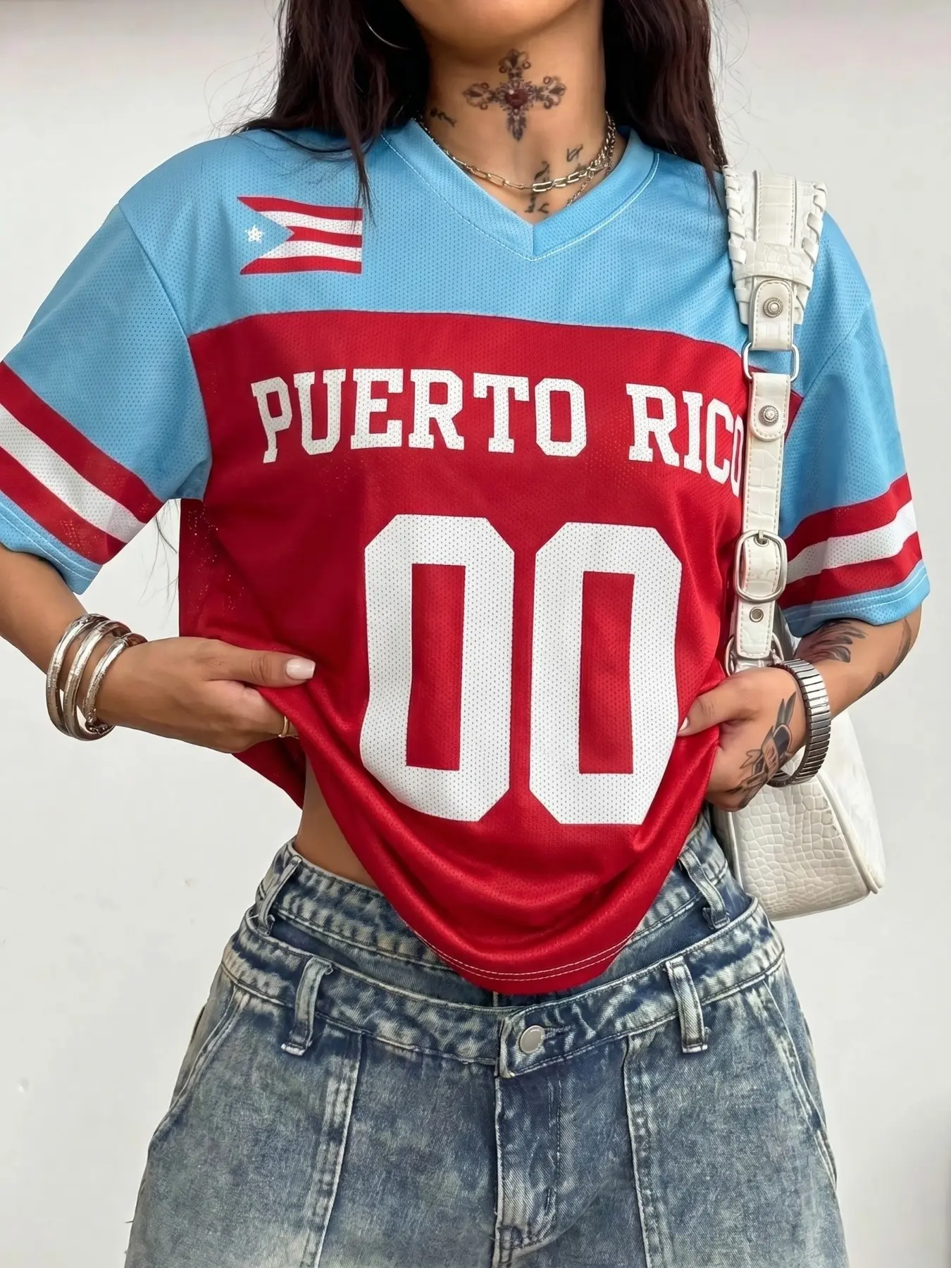 Y2K Puerto Rico Flag Print Jersey Women's T-shirt, Contrast Panel V Neck Mesh Top, Loose Casual Fit Oversized, Viral Ins Streetwear, Casual/Vacation/Baddie Outerwear, Summer