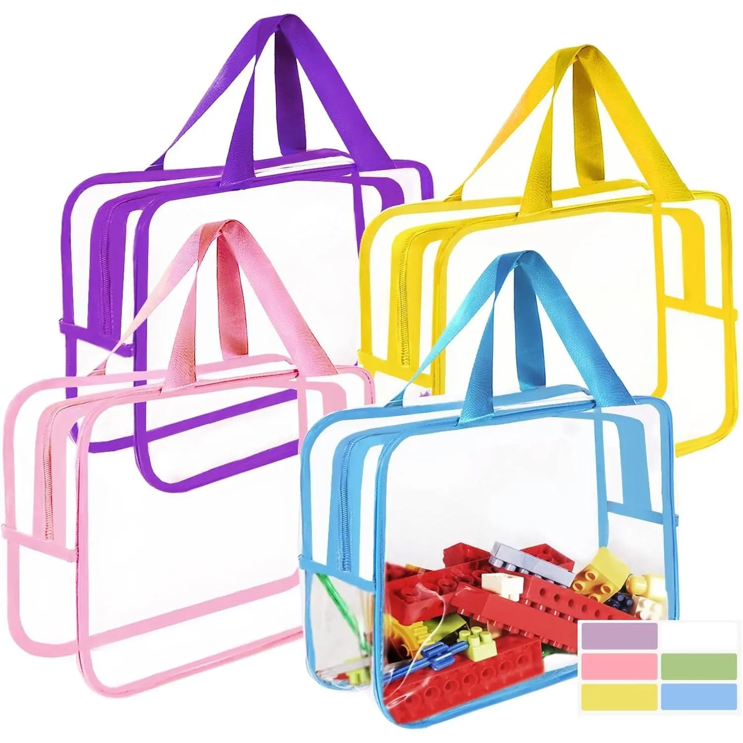 4 Pcs Clear PVC Zipper Storage Bags, Waterproof Travel Organizers with Labels for Building Blocks, Puzzles, Books (Multicolor)