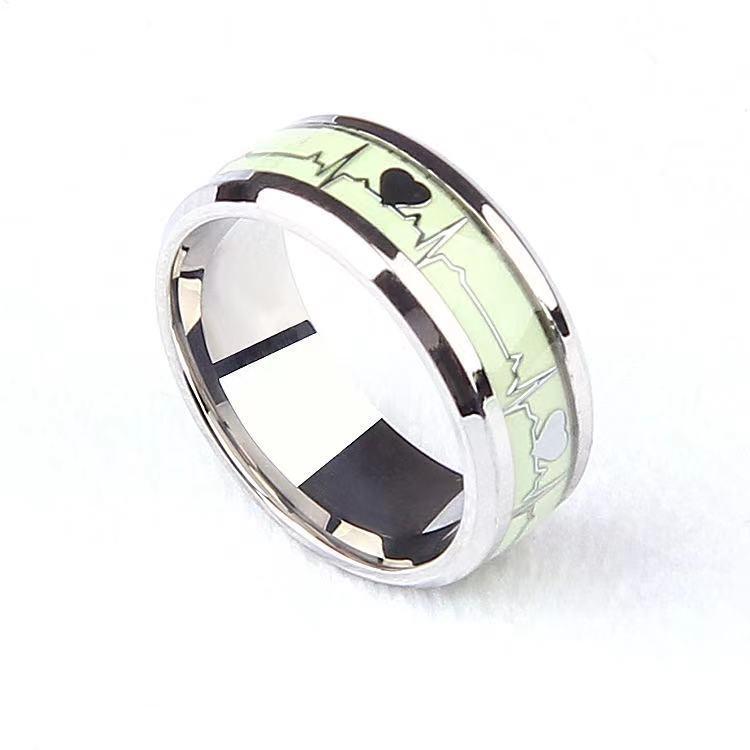 2026 NEW Green Fluorescent Heartbeat ECG Glow Ring Set Titanium Steel Couple Rings Durable Hypoallergenic Love Jewelry
