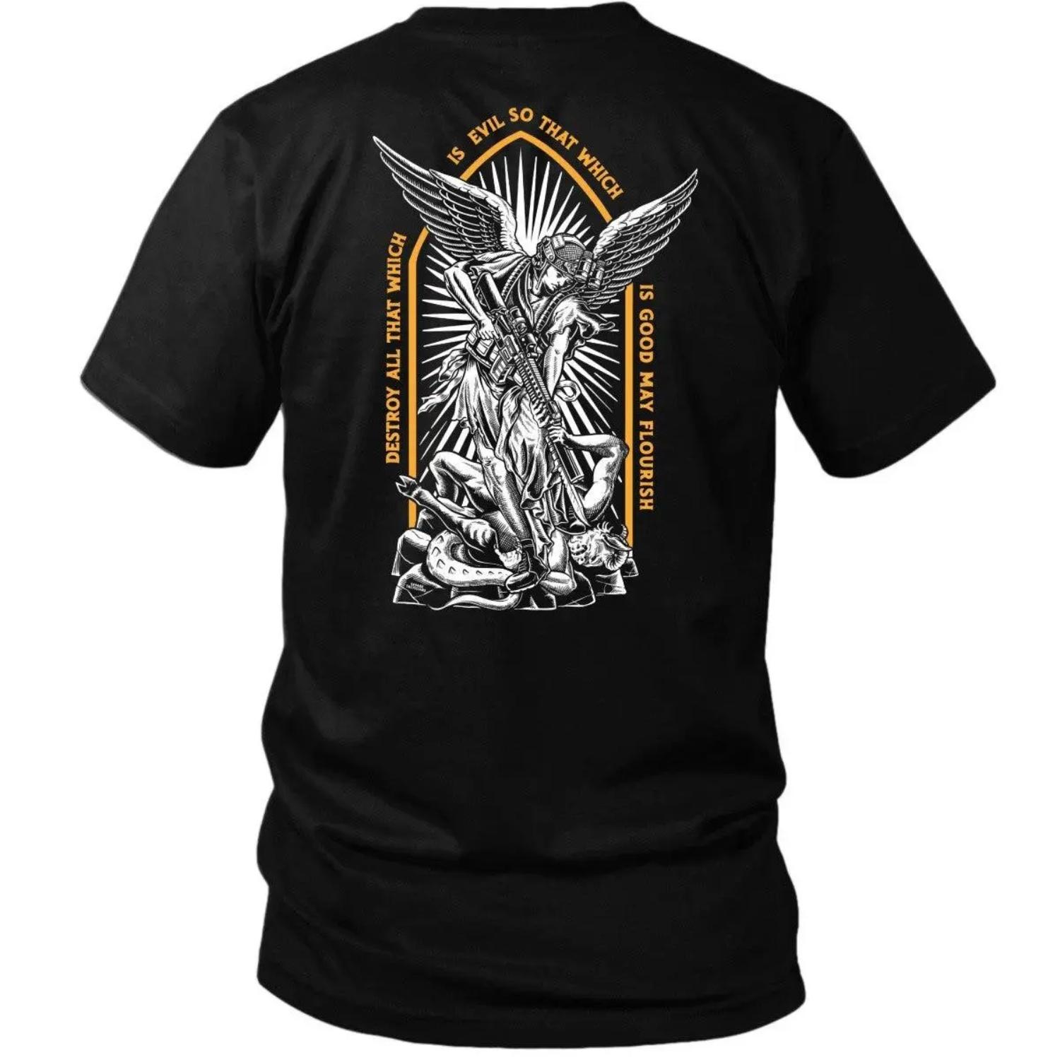 Saint Michael Tactical T Shirt With Angel Warrior Graphic And Good Versus Evil Message, Christian Tactical Apparel For Men Who Stand For Faith And Strength, Military Style Streetwear Shirt For Tactical Lifestyle And Gym Wear