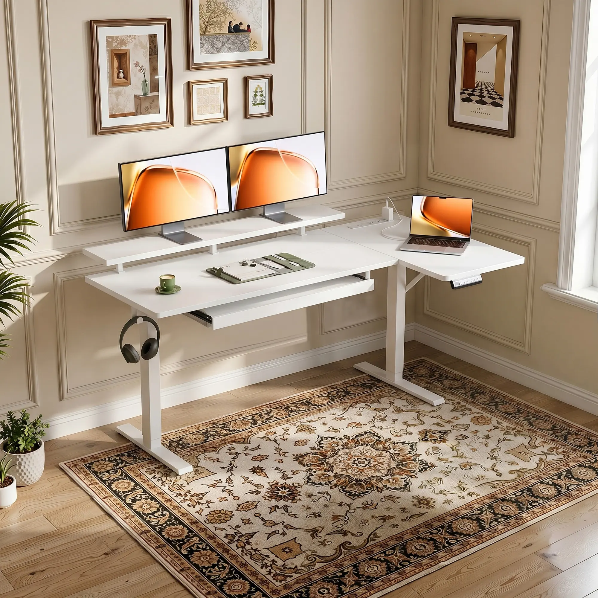 Electric L Shaped Standing Desk with Keyboard Tray, Reversible Adjustable Corner Desk with Monitor Stand and Power Outlets for Home Office