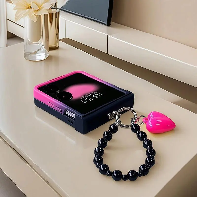 Black Rose Gradient Chain Hinge Case For Samsung Galaxy Z Flip 4 5 6 7 For Motorola Razr 50 60 Ultra Xiaomi Mix Flip 2 Cover