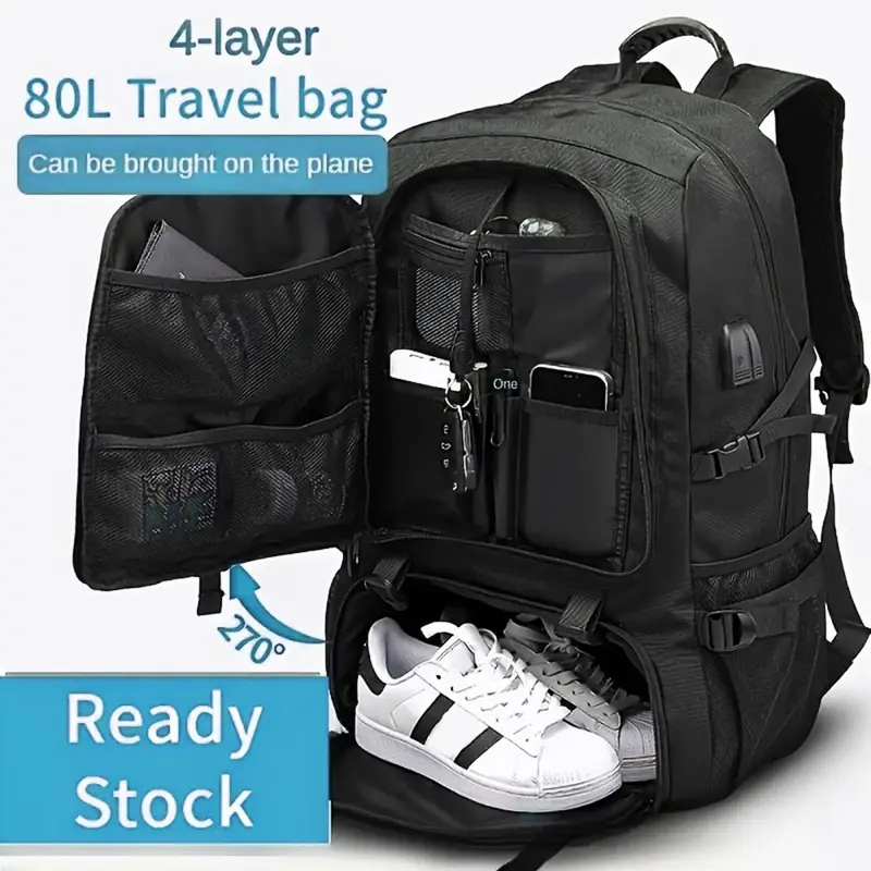 Expandable Travel Backpack, Shoe Compartment & Laptop Sleeve, Large Capacity Men's Sports Outdoor Bag, Waterproof Nylon, USB Charging Port, Backpack for Traveling on Airplane #GLOBAL PICKS